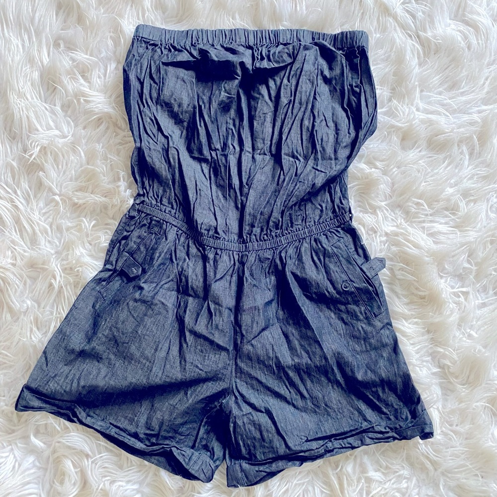 Strapless dark denim jumpsuit